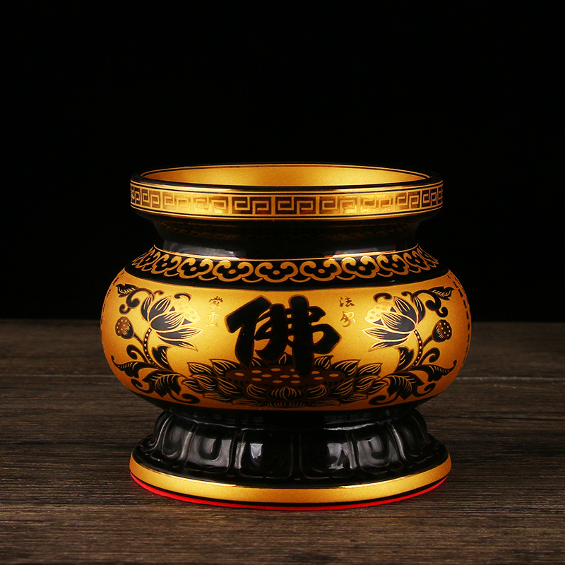 黑色高座佛字炉供奉佛像家用熏香炉黑色莲花香炉佛堂佛具用品