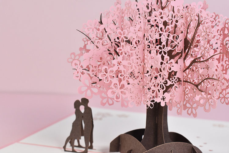 创新七夕情人节爱情祝福贺卡手工制作3d立体贺卡情侣樱花