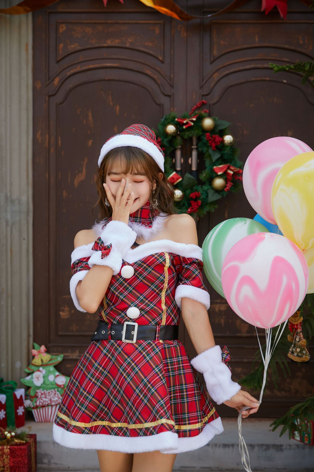 一字肩圣诞节服装 出口日韩夜场酒吧派对聚会 红格子抹胸圣诞裙