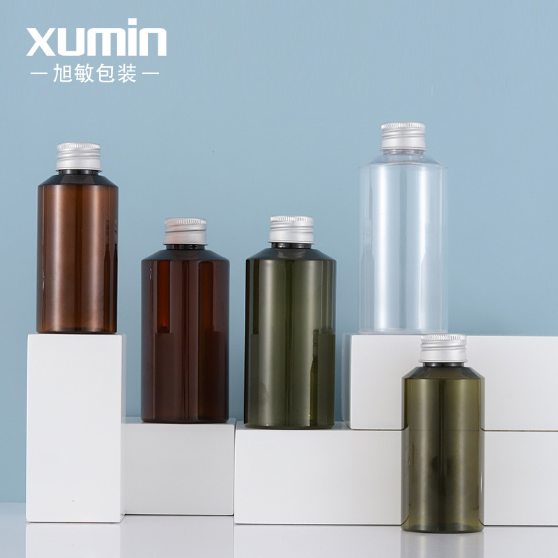 旭敏包装 100ml斜肩茶/绿色pet爽肤水瓶子 150ml本色铝盖化妆品瓶