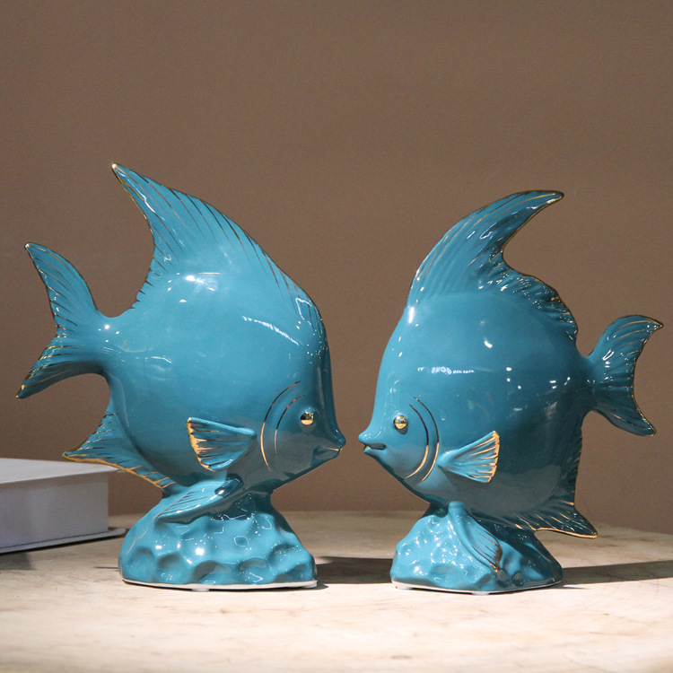 陶瓷鱼摆件墨绿色描金现代家居装饰品年年有鱼创意抽象工艺品摆设