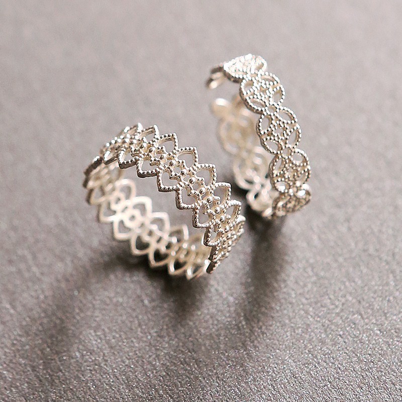 s925纯银日韩版开口小清新花纹花边蕾丝镂空关节食指指环戒指女士