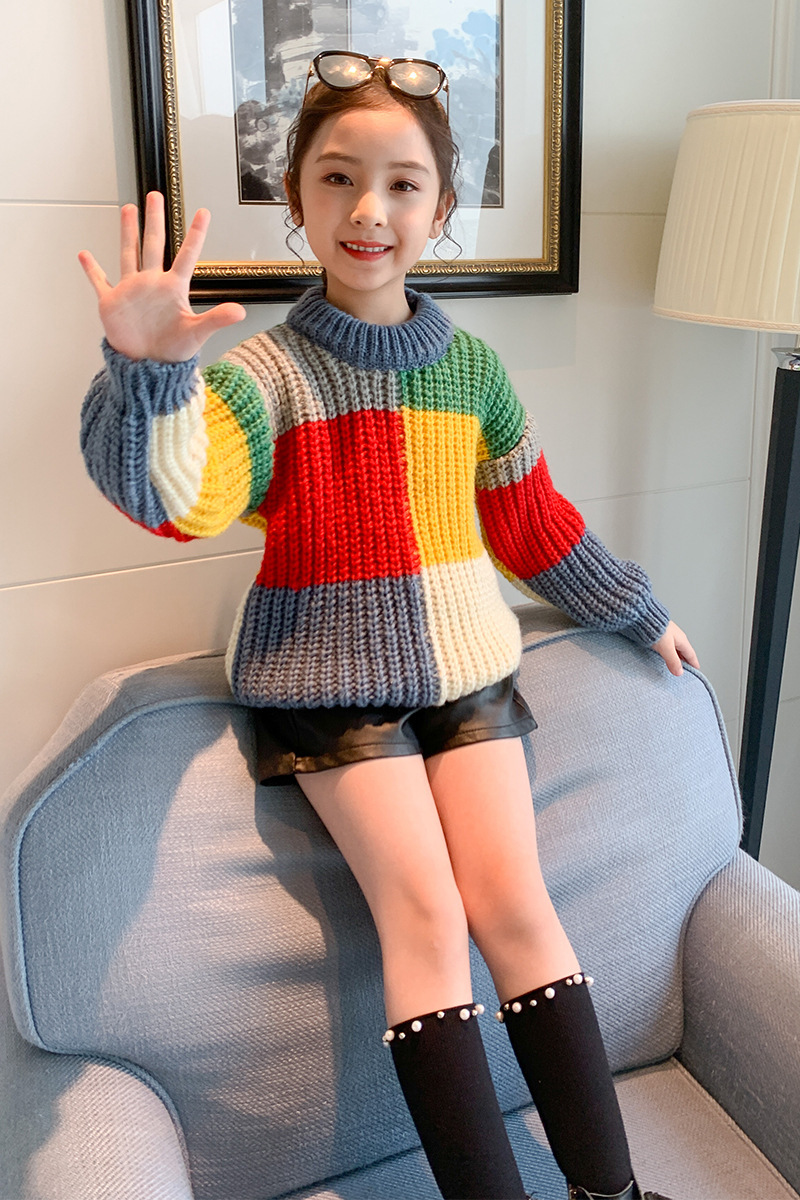 女童拼色毛衣2020新款秋装新款儿童装上衣套头大童女孩针织打底衫