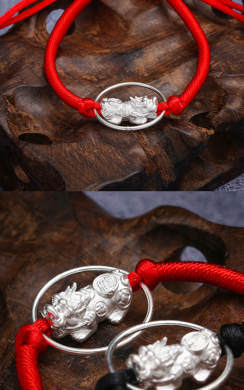 3d硬银素圈貔貅手链 纯银麒麟男女情侣手工编绳护身福气手绳饰品