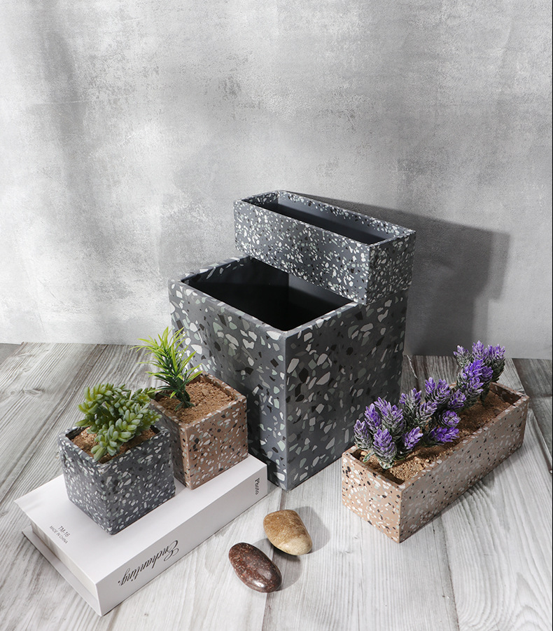 水磨石水泥花盆简约方形花盆多肉植物创意家居吸水透气客厅阳台
