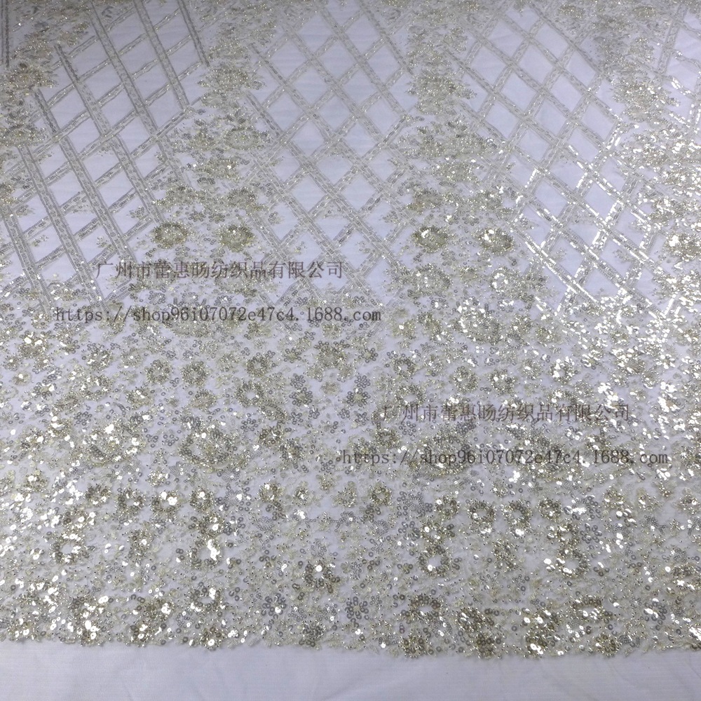 银色亮片刺绣蕾丝重工钉珠布料婚纱礼服面料diy女装面料辅料