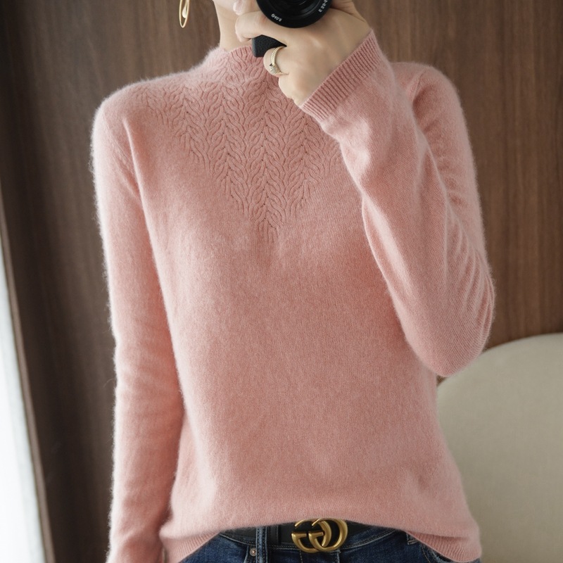 花瓣领毛衣女秋冬羊毛衫修身慵懒简约百搭显瘦纯色套头打底针织衫