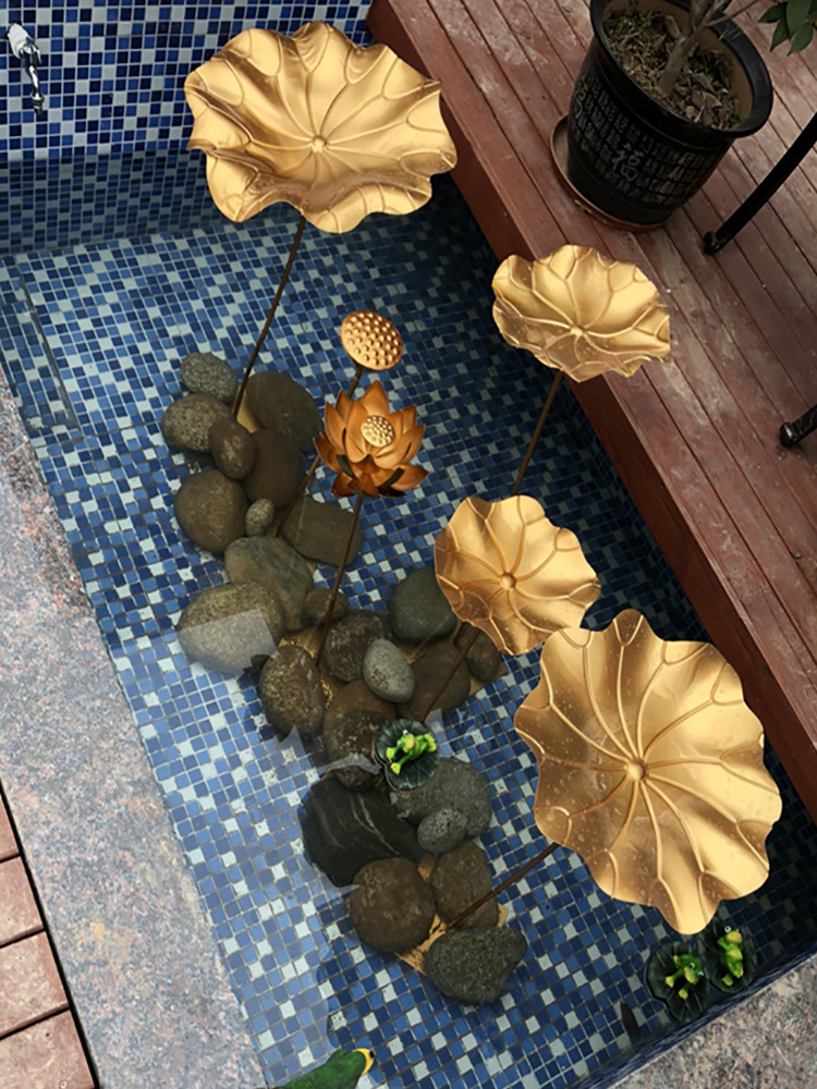 铁艺荷花荷叶落地摆件轻奢风金色招财庭院室内水池水景莲花装饰品