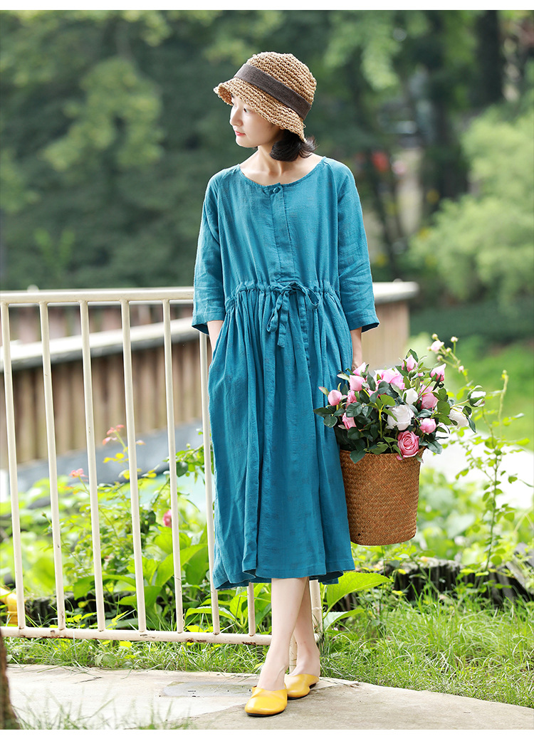 y722春夏秋亚麻提花连衣裙宽松大板盘扣套头袍子连衣裙文艺复古