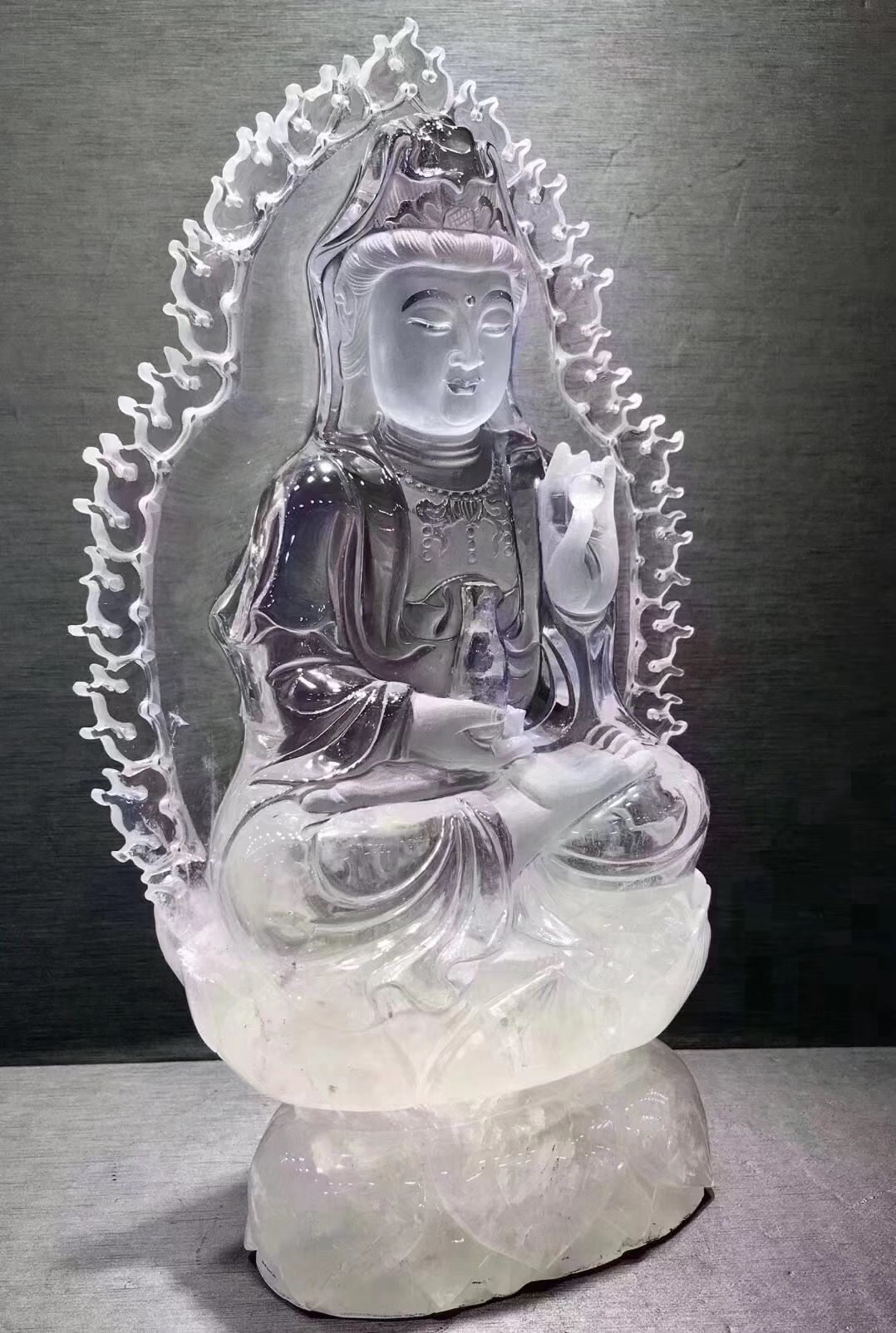 福寿 开光天然白水晶观音摆件白水晶宝瓶观音摆件 镂空雕刻佛祖像