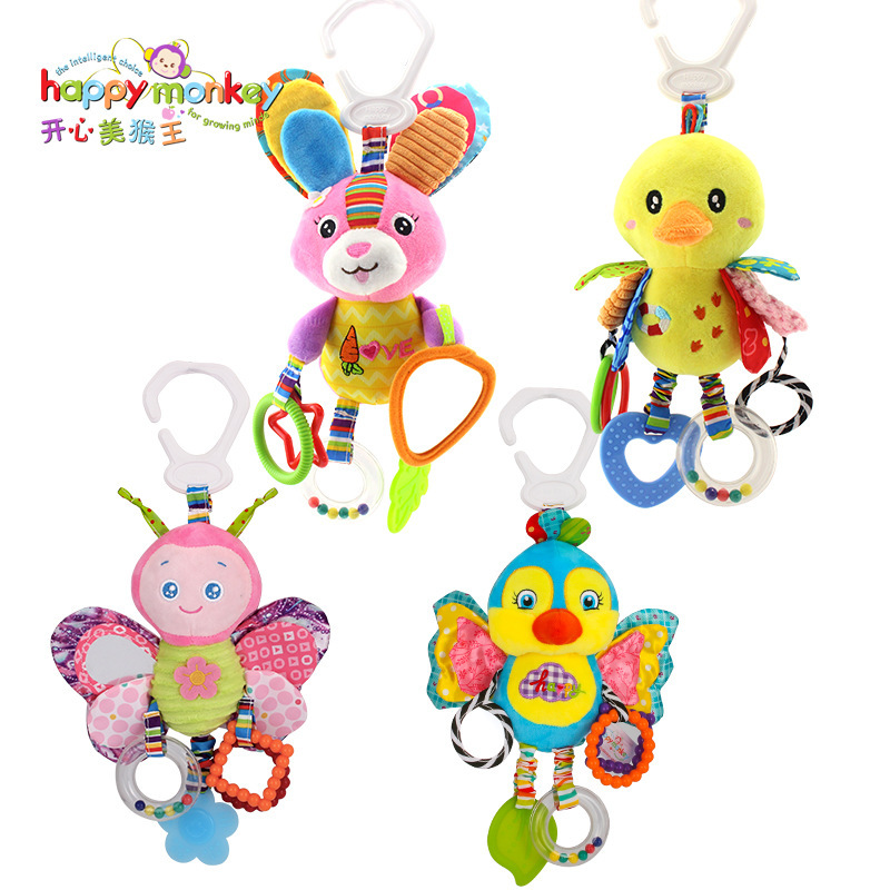 Happy Monkey Baby Bed Bell Rattle Toy Newborn Stroller Pendant Plush Comforter Toy