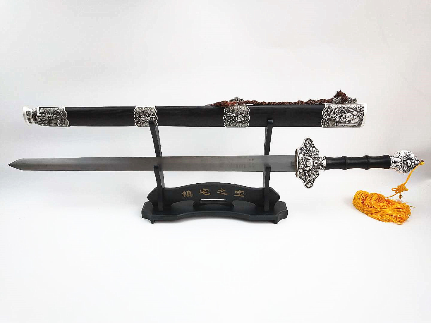 龙泉宝剑 镇宅辟邪装饰剑佛教 黑木碳钢镏银金刚剑 未开刃