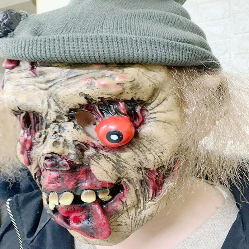 万圣节长发鬼脸面具恐怖掉眼珠假面吓人乳胶带帽子舞会表演道具