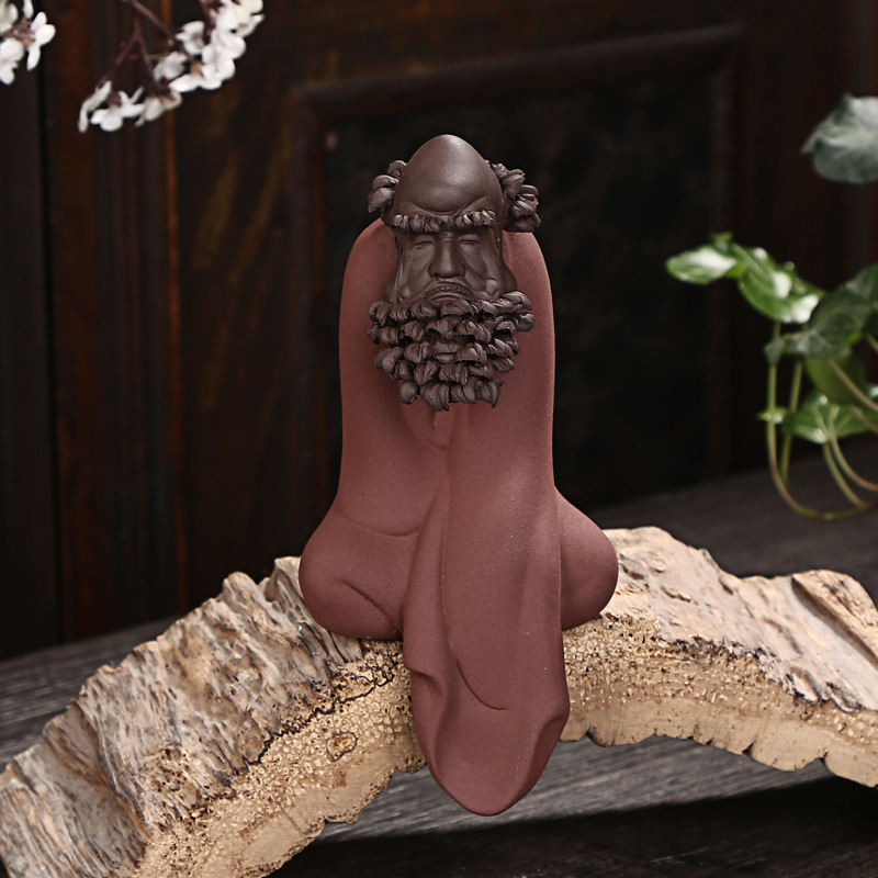 秒杀精品紫砂人物达摩祖师雕塑 彩砂树桩根雕搭配茶宠摆件包邮