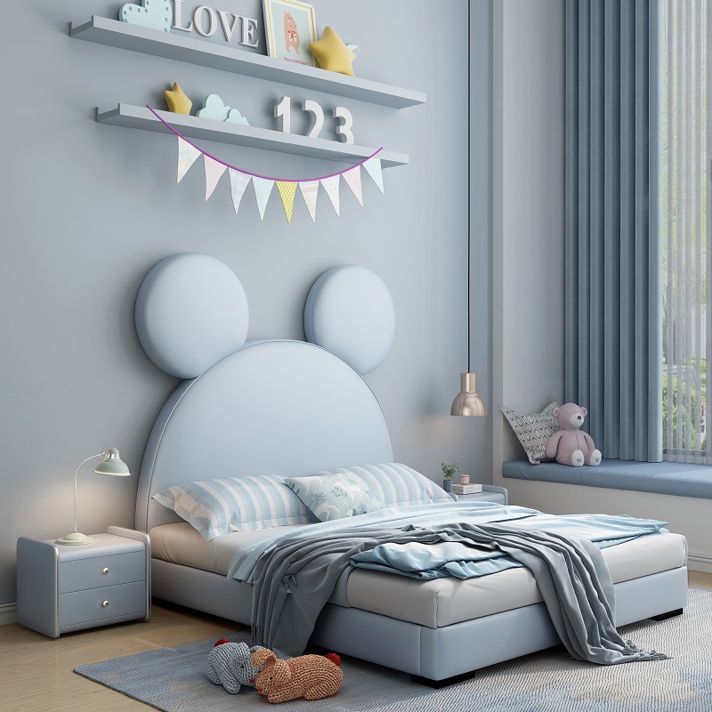 可爱卡通儿童床真皮网红床米老鼠床简约现代男孩公主床实木儿童床