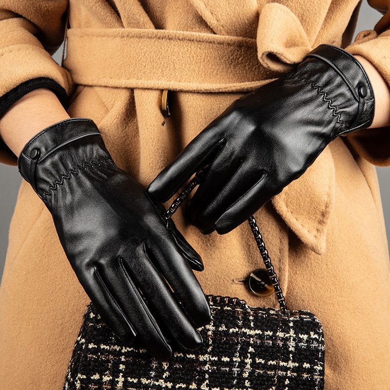 女士皮手套冬天女加绒开车冬季保暖骑行可触屏骑车用防寒防风黑色