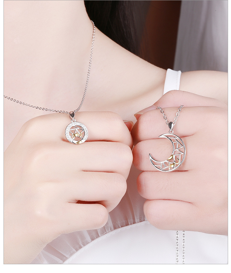 s925银情侣项链一对日月男女吊坠拼接love定情信物七夕情人节礼物