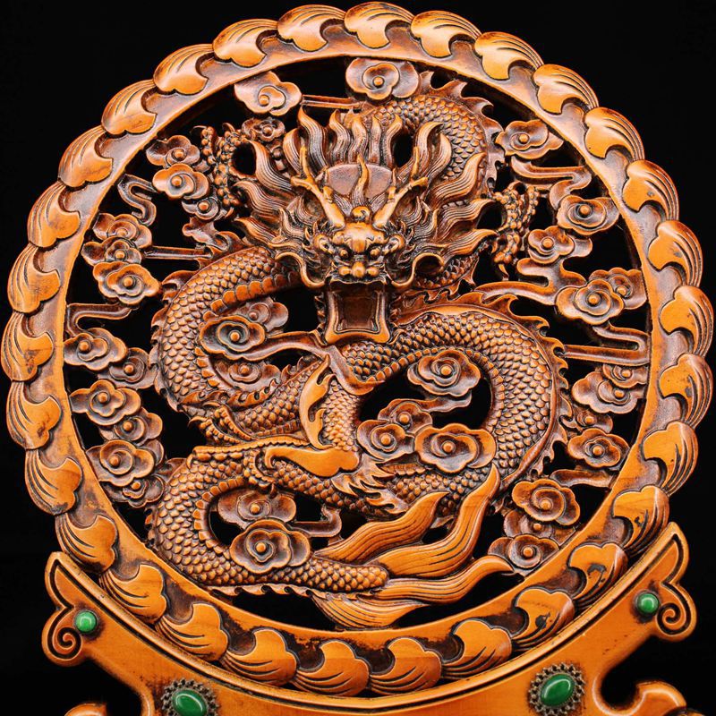 收藏古玩复古工艺品黄杨木雕刻杂件镶嵌宝石单龙屏风摆饰