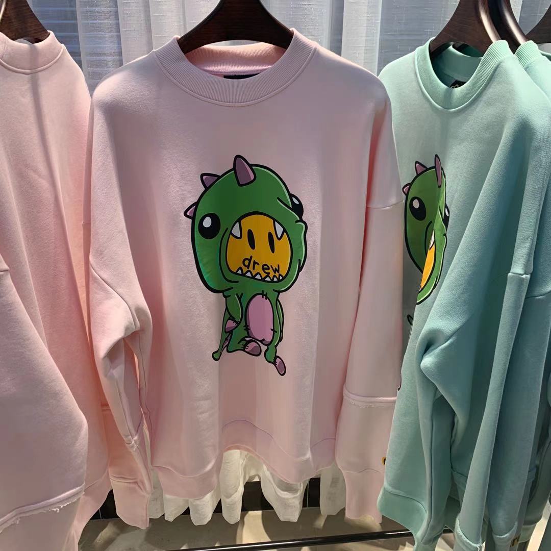 鹿晗虞书欣同款drew house恐龙笑脸圆领套头加绒薄荷绿卫衣宽松.