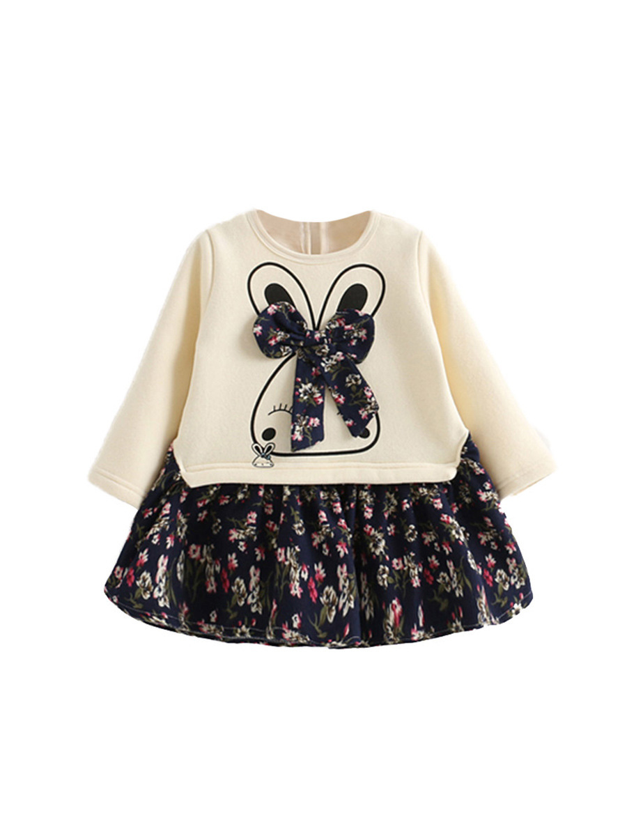 2020秋季新品女童可爱时尚裙子小兔子蝴蝶结加绒拼接碎花连衣裙