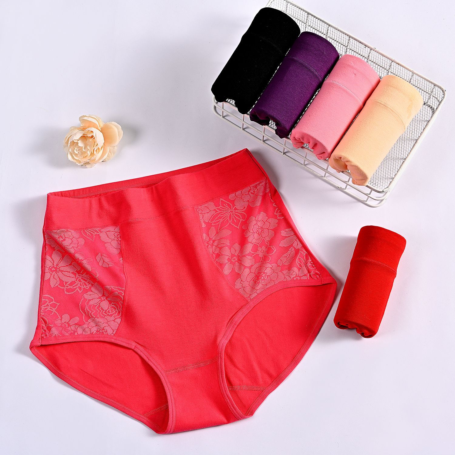 厂家直销均码高腰三角裤女士棉提花透气舒适柔软内裤女大红色批发