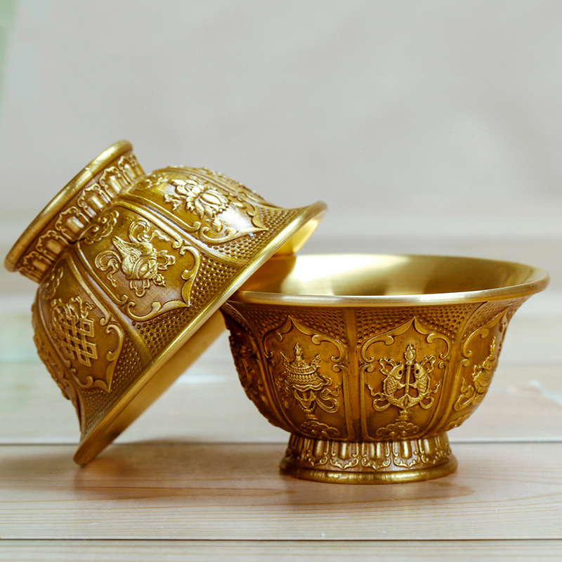 藏式纯铜八吉祥供水碗佛前雕花供水杯摆件供水碗套装7cm