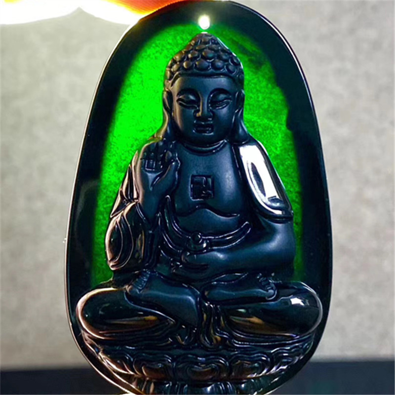 翡翠a货墨翠阿弥陀佛吊坠生肖狗猪本命佛守护神挂件项链