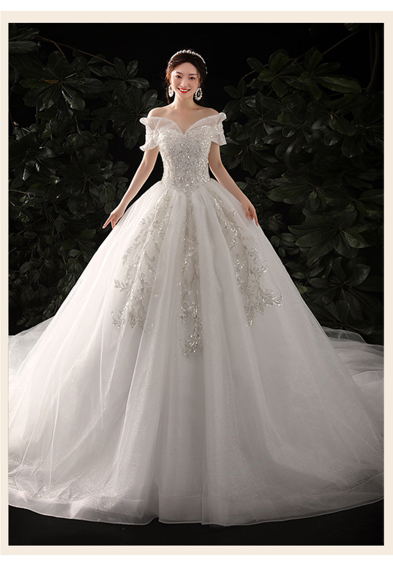 一字肩拖尾轻婚纱2021新款高端梦幻婚纱礼服新娘森系绑带法式婚纱