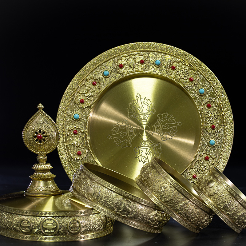 藏传佛教密宗八吉祥琉璃曼扎修盘佛前供具七宝石装藏曼茶罗摆件