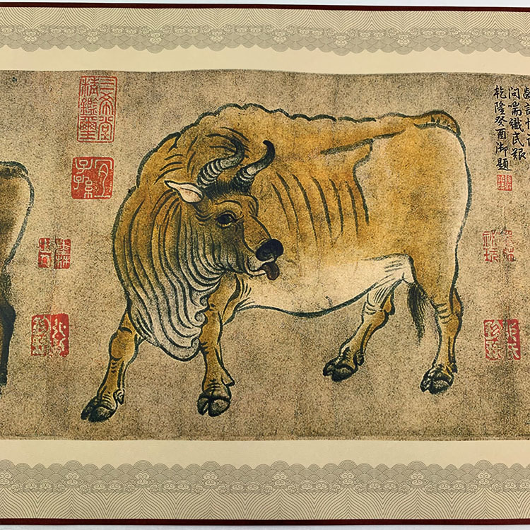 古代名画五牛图全图3米绢布喷绘复制仿真手卷礼盒装国事礼品收藏