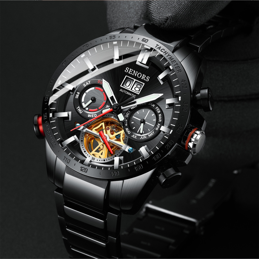 赛娜斯senors爆款不锈钢全自动机械表陀飞轮防水男士腕表sn200