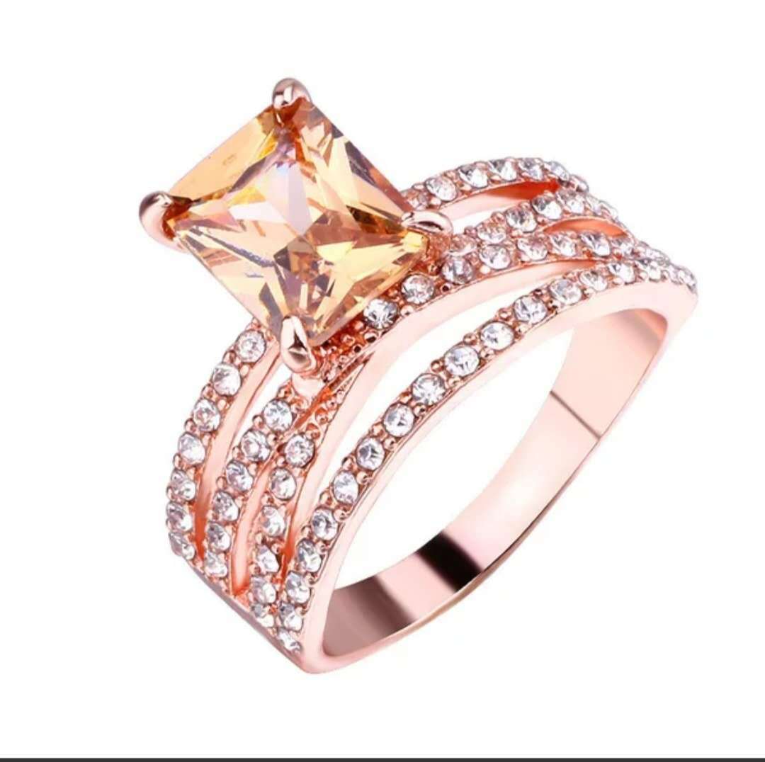 恒姿 ebay热销新款镀14k玫瑰金闪钻方形戒指欧美超闪订婚厂家直供