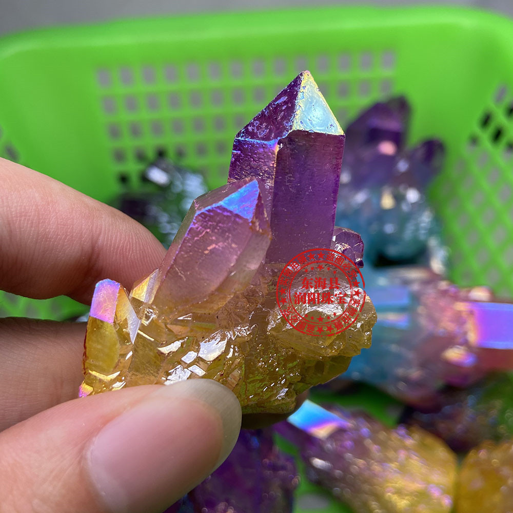 天然白水晶簇电镀双色彩虹色火焰晶块能量石消磁摆件厂家批发