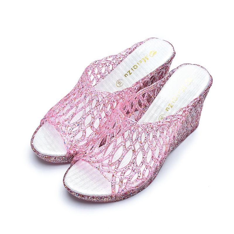 New Crystal Slippers Summer Women Jelly Wedge Women's Fashion Shoes Non-Slip High Heel Slides Mesh Surface Shoes Wholesale