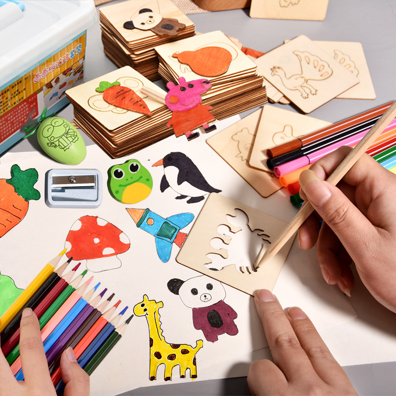 2万个相似绘画模板宝宝学画画工具儿童diy手工制作木质玩具绘画套装收