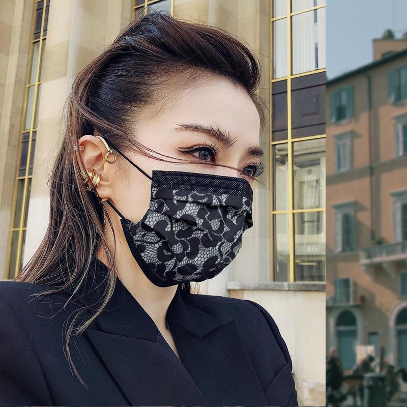 一次性黑蕾丝口罩女士印花夏季韩版三层含绒喷抖音网红谢金燕同款