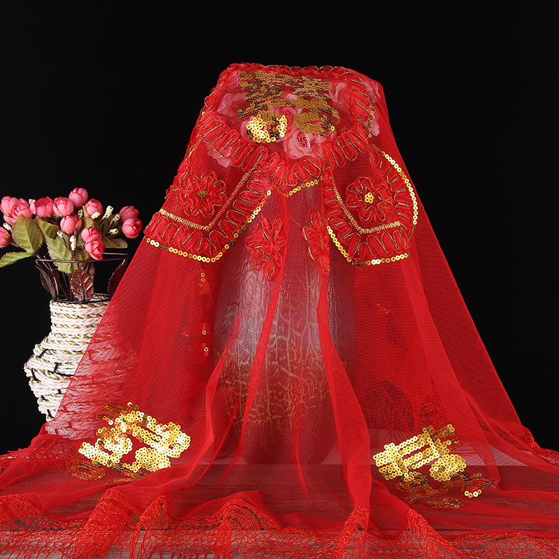Creative Style Bride Veil Chinese Sequined Embroidery Red Veil Wedding Supplies Fabric Worship Wedding Veil New