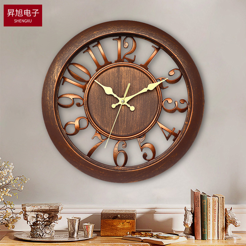 亚马逊复古欧式创意仿古铜挂钟12寸扫秒机芯电子挂钟