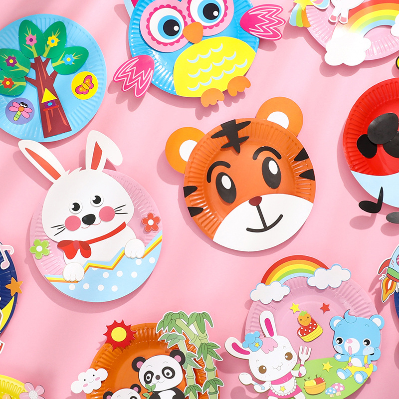 儿童卡通纸盘画幼儿园diy手工材料包益智玩具纸盘贴画粘贴画礼物