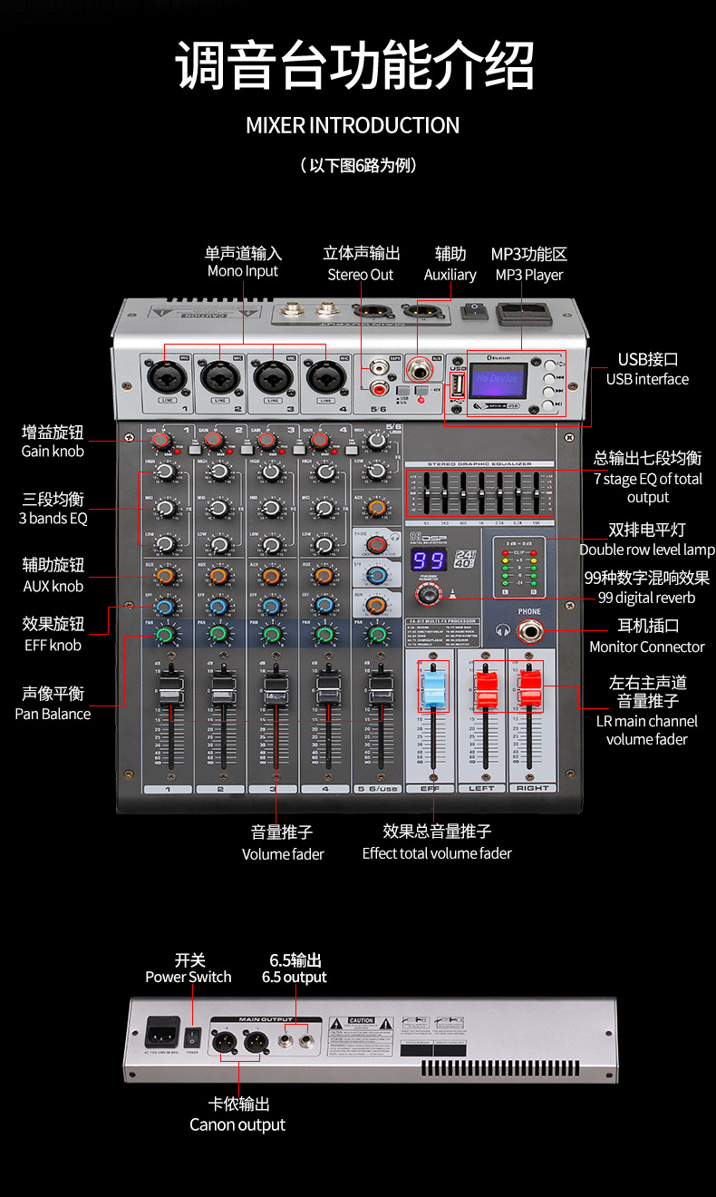 gbr-12路纯台七段均衡监听调音台dj夜店usb混响婚庆演播出效果器