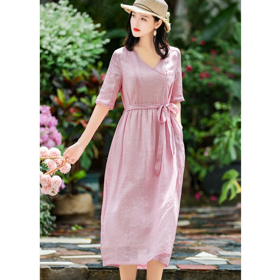 2020夏季新款原创女装 苎麻炒色长款系带连衣裙 中袖木耳边裙子