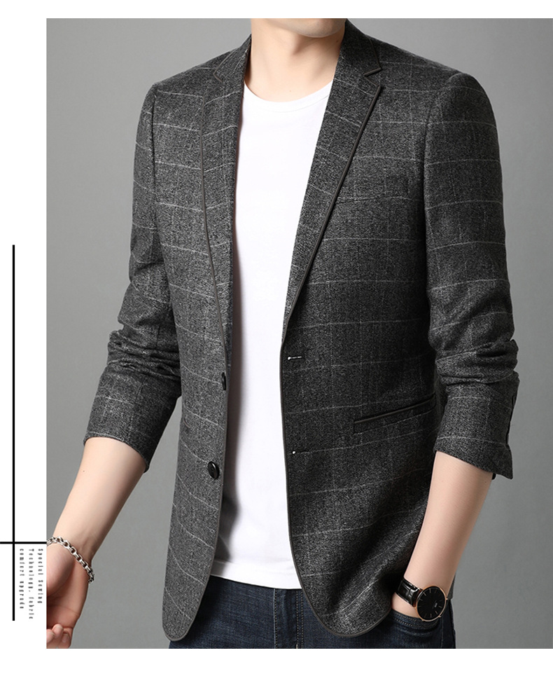 男士西服潮流2020新款青年商务休闲外套修身免烫格纹灰色小西装
