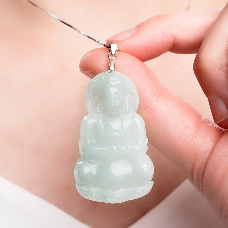翡翠观音吊坠 女款天然缅甸糯冰种玉锁骨项链 玉佩a货玉石带证书