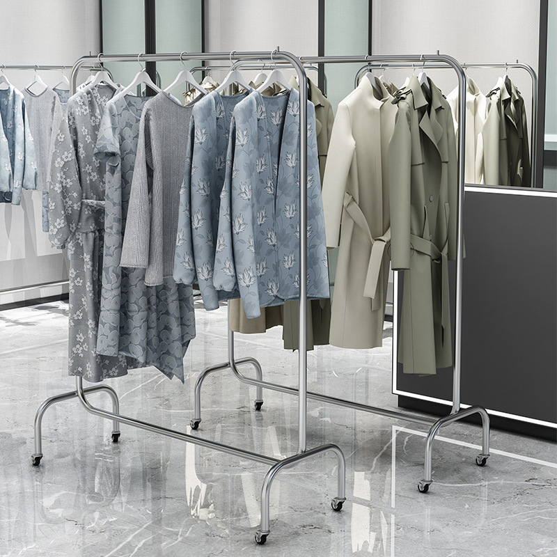 服装店展示架女装店不锈钢货架衣服架子落地式移动挂衣杆银色带轮