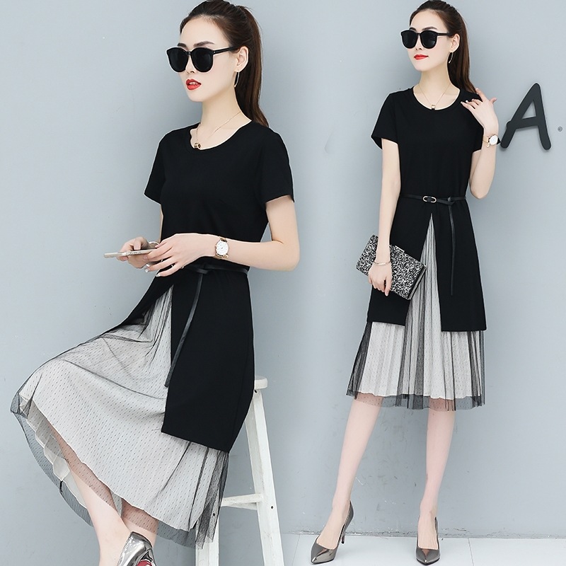 2020夏季新款版收腰显瘦中雪纺网纱两件套洋气俏皮长款裙子套裙女