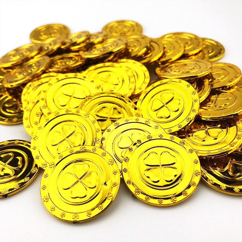 外贸跨境圣帕特里克节日幸运四叶草币 塑料绿色金币 电镀四叶草币