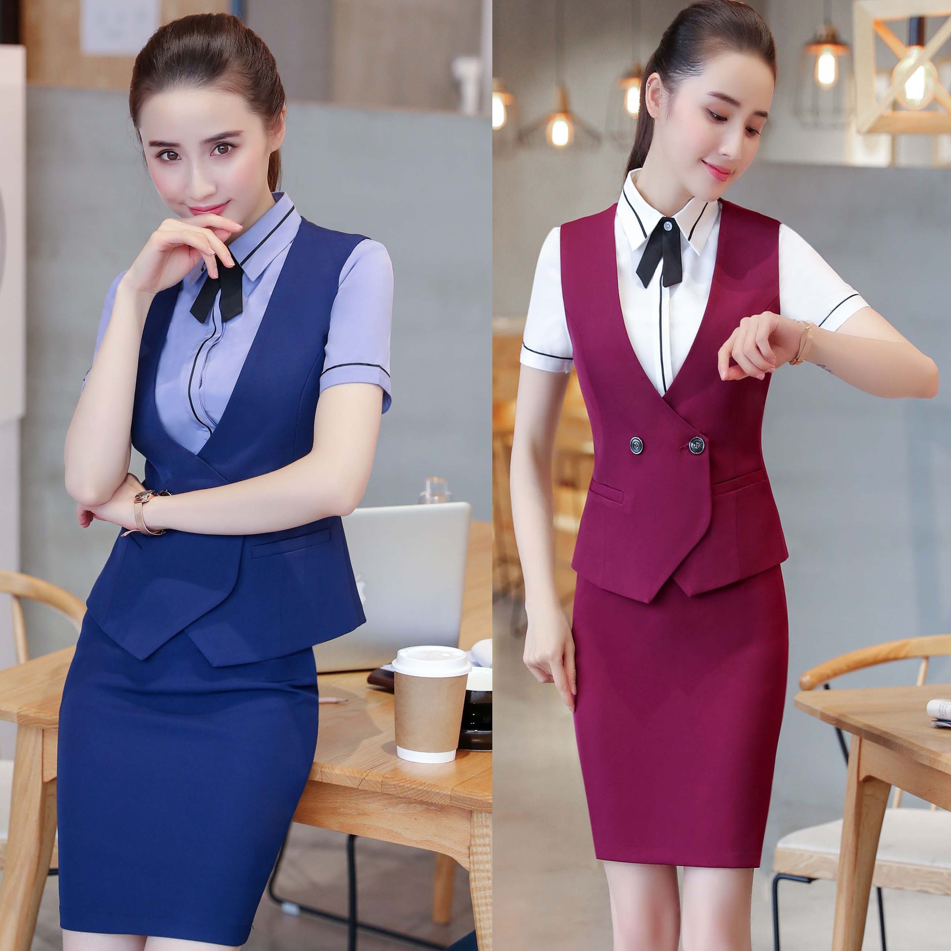 夏季职业装女装套裙酒店前台短袖三件套美容店工作服女马甲套装