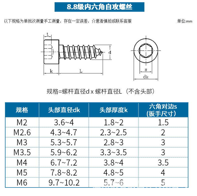 m2m3m4m5m6 8.8级内六角自攻螺丝ha内六角自攻钉音响螺丝