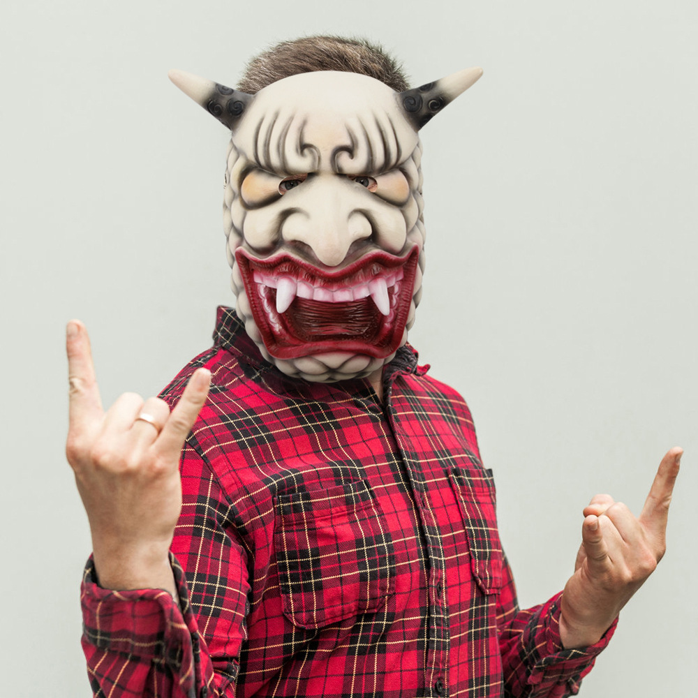 赤般若面具cosplay能剧红面鬼脸獠牙面具 般若日系神兽乳胶能面罩