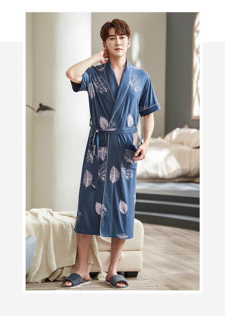 高档男士睡袍莫代尔夏季短袖中长款睡衣休闲家居服晨袍浴袍夏天薄